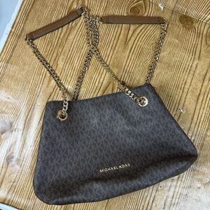 Michael Kors Brown MK Monogram Chain Shoulder Tote Bag Gold Hardware